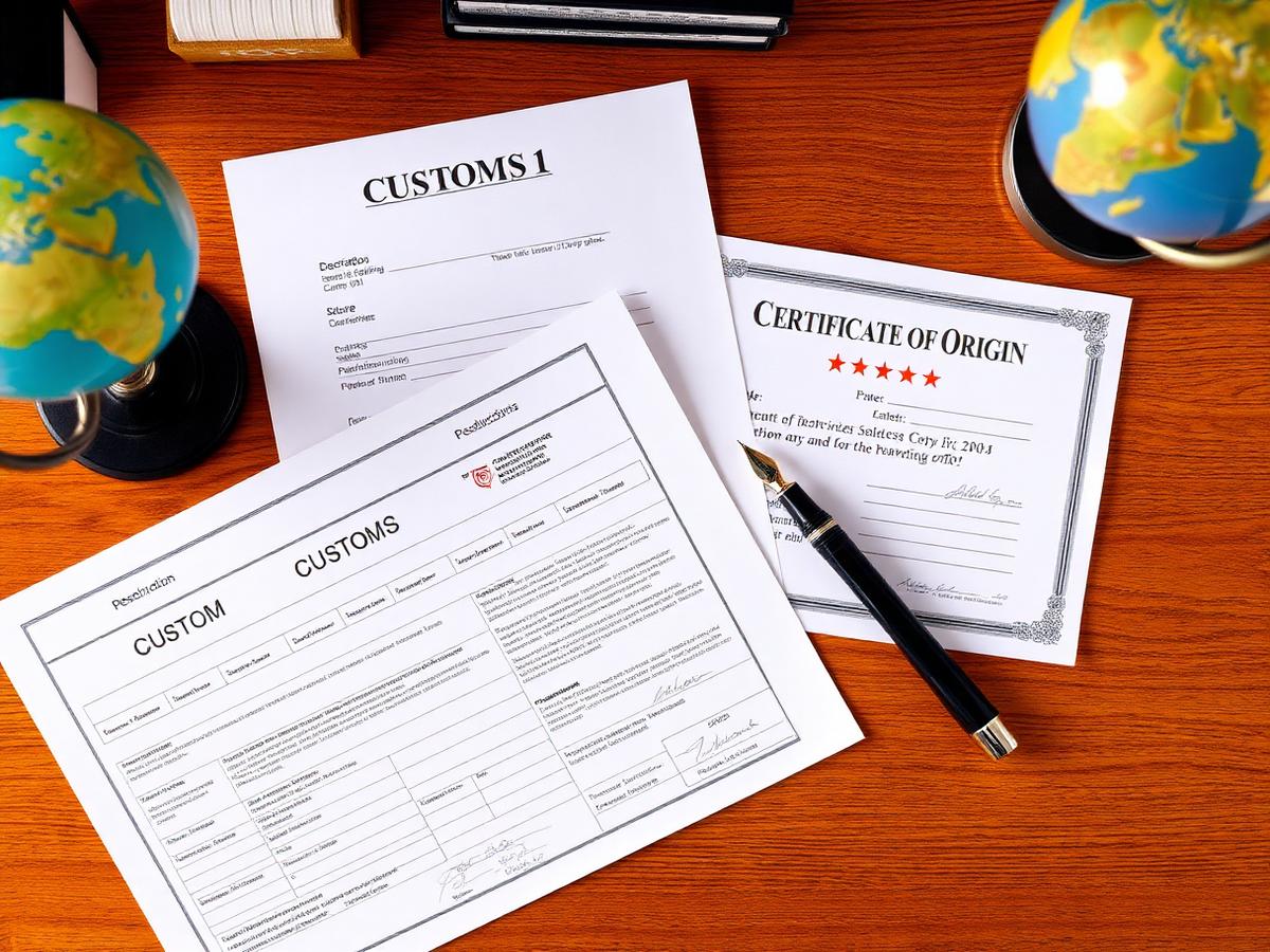 Certificate of Origin and customs paperwork on a wooden desk