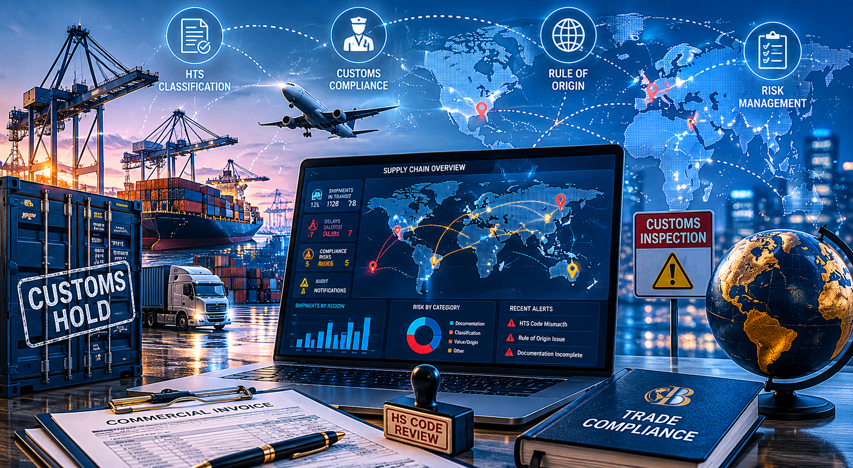 Supply chain overview: HTS classification, customs compliance, rules of origin, and risk management dashboard